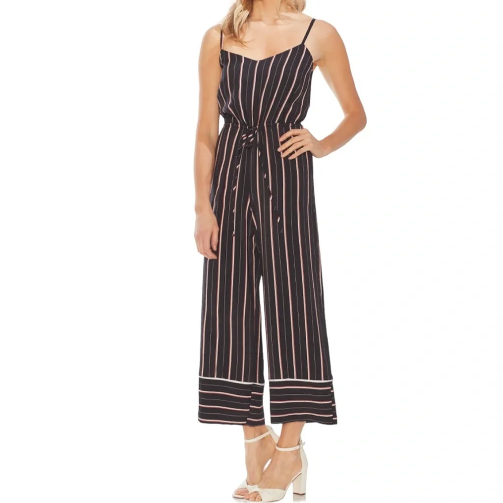 Vince Camuto Women's spaghetti strap black wide leg striped jumpsuit, Sz M - Picture 4 of 17